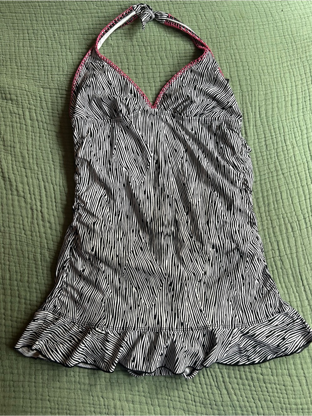 Kenneth Cole Black & White Zebra Halter Swimdress with Pink Trim
